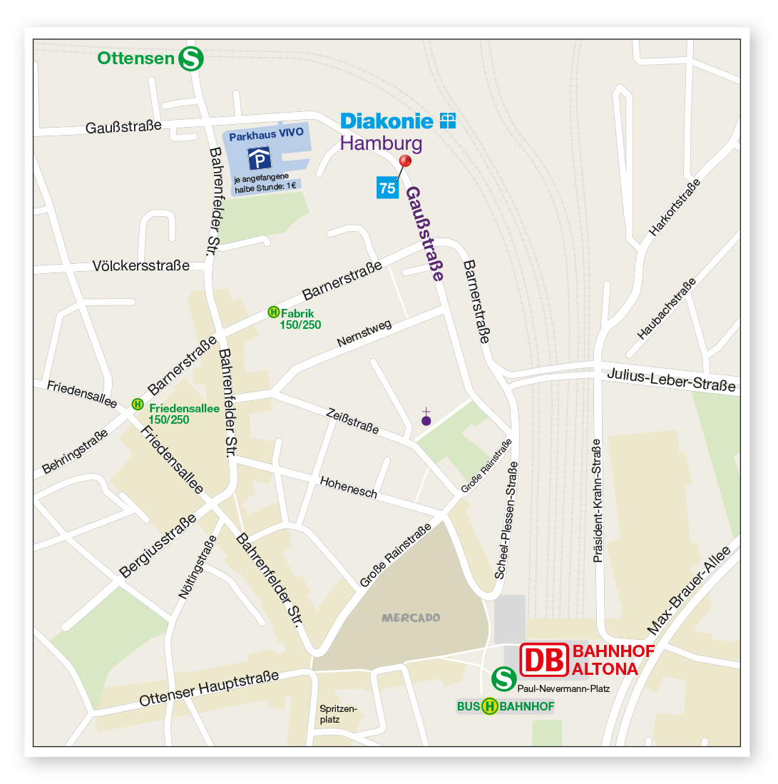 Karte mit Anfahrtskizze zum Diakonischen Werk in der Gaußstraße 75