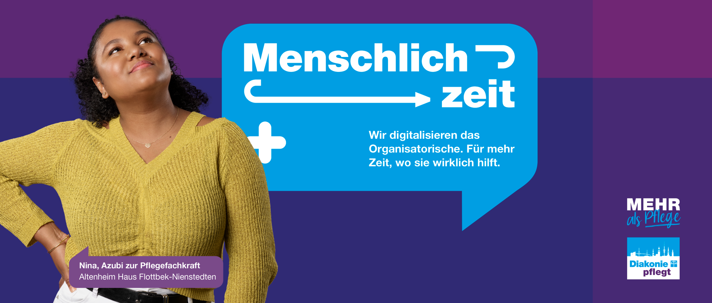 Person im gelben Pullover vor violett-blauem Hintergrund mit Text 'Menschlichzeit. Wir digitalisieren das Organisatorische. Für mehr Zeit, wo sie wirklich hilft.'