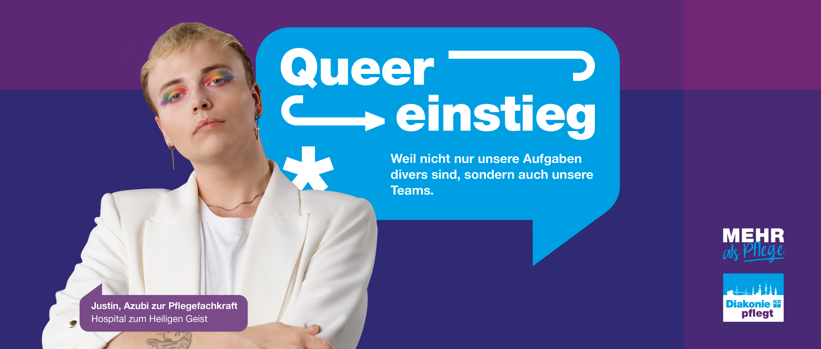 Person im weißen Blazer mit Text 'Queereinstieg. Weil nicht nur unsere Aufgaben divers sind, sondern auch unsere Teams.'