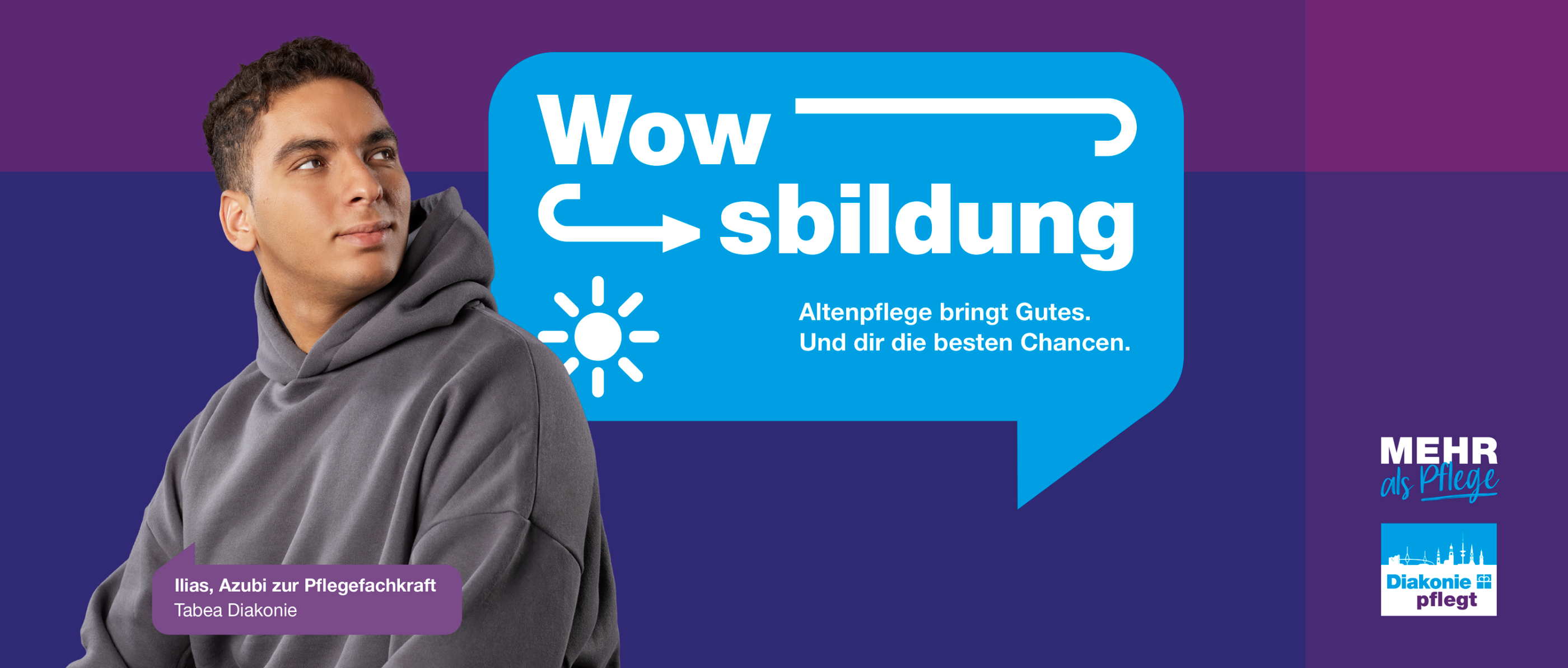 Person im grauen Hoodie mit Text 'Wowsbildung. Altenpflege bringt Gutes. Und dir beste Chancen.'