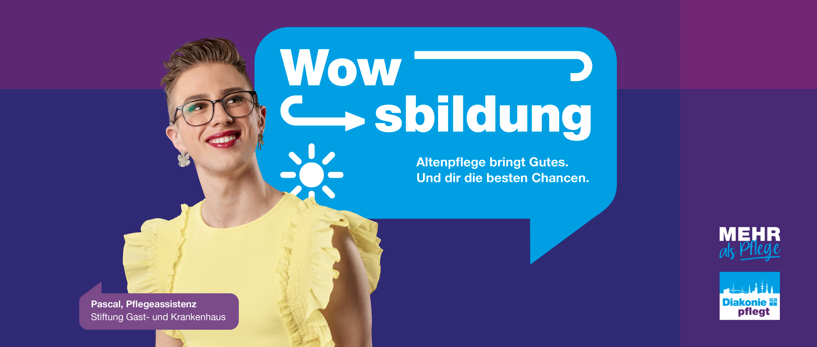 Person im gelben Oberteil mit Text 'Wowsbildung. Altenpflege bringt Gutes und dir die besten Chancen.'